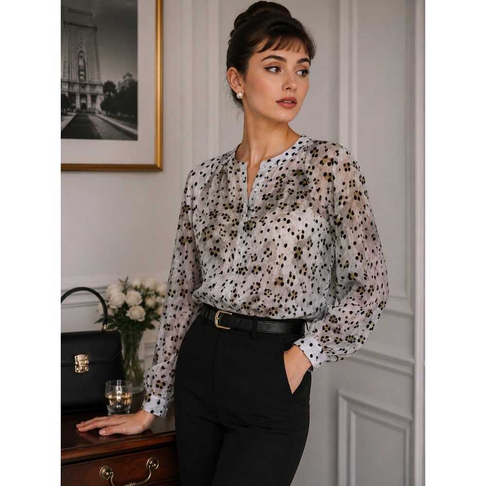 Cabi Serene Top Grey Leopard Polka Dot Button Front Blouse Small